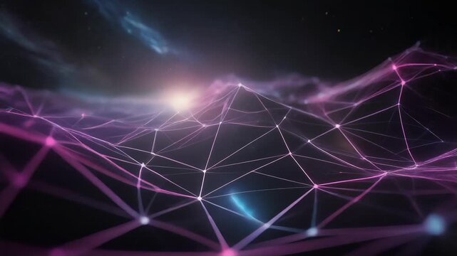 Abstract futuristic network with glowing purple lines and digital connection points on dark background