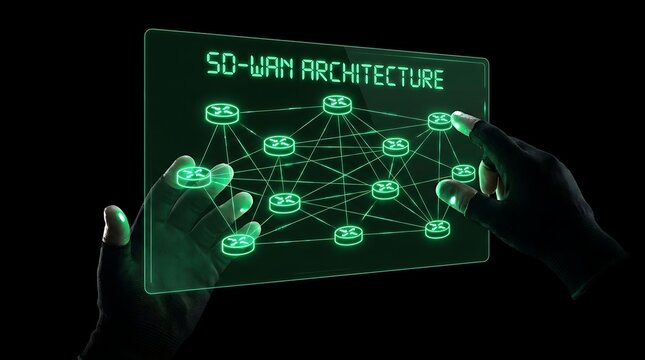 Futuristic SD-WAN Architecture Displayed on Transparent Screen with Hands Interacting.