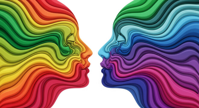 Two stylized profiles, one in rainbow colors and the other in cool tones, facing each other, symbolizing connection and diversity