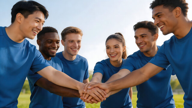 Group of people in blue shirts joining hands