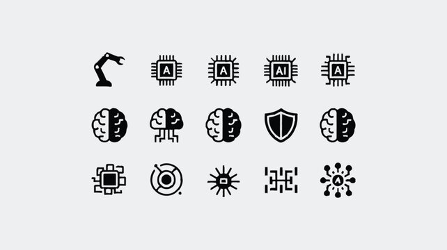 Technology icons, circuit board symbols, microchip logos, cybersecurity graphics, 12 black vector graphics