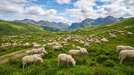 Fototapeta premium Large flock of healthy sheep grazing on a lush green hillside in a majestic mountain valley under a bright blue sky with white clouds, scenic rural landscape of the Scottish Highlands countryside.
