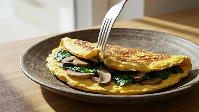 A fork is taking a bite out of a fresh spinach and mushroom omelet.