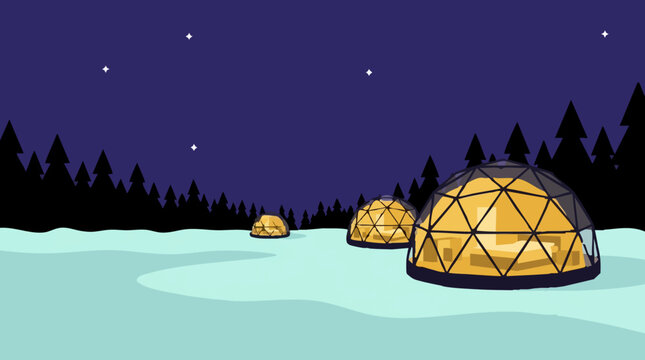 Winter glamping with illuminated geodesic domes under starry night sky