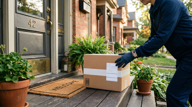 Home Delivery Service Courier Placing Package on Front Porch, E-commerce and Logistics Concept