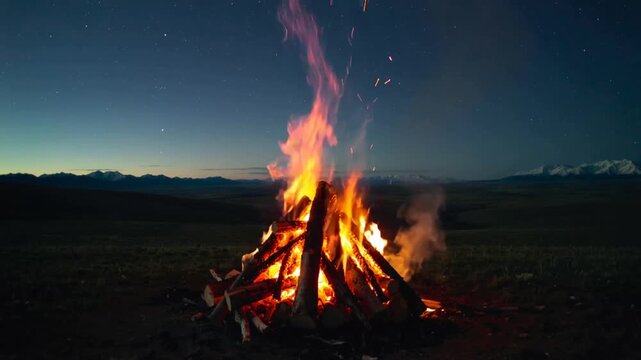 Stirring breeze sending bonfire flickering and sparks rising on grassland at dusk, embers glowing