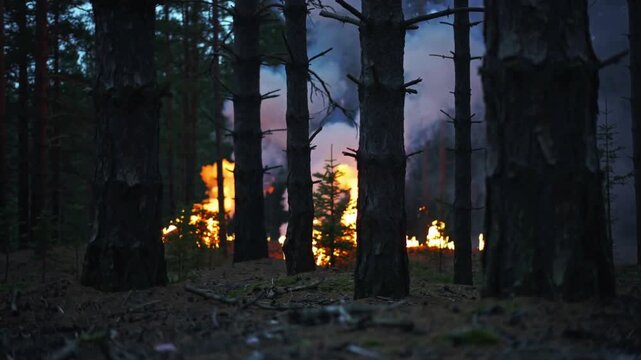 Framing conifer trunks revealing burning band beyond at dusk, forest floor litter fueling smoke