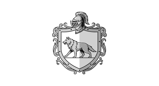 Medieval heraldry design featuring a majestic wolf on a shield topped with a traditional knight's helmet.