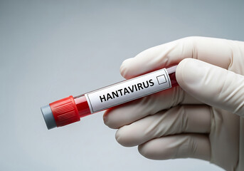 Obraz premium Medical professional holding a blood sample tube labeled Hantavirus for laboratory testing