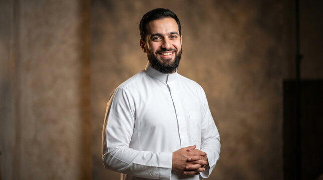 Portrait of a handsome smiling Muslim man with a well-groomed beard wearing a traditional white thobe or kandura, standing confidently with clasped hands against a warm textured studio background.