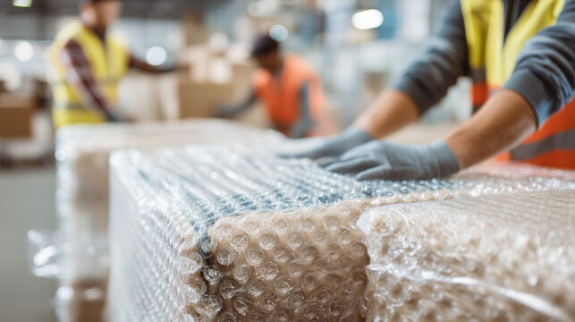 Logistics workers in safety vests carefully packing products with bubble wrap in warehouse facility, representing shipping, storage, and transportation industry.