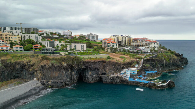 Doca do Cavacas aerial drone view of natural pools and cliffs in Madeira Portugal