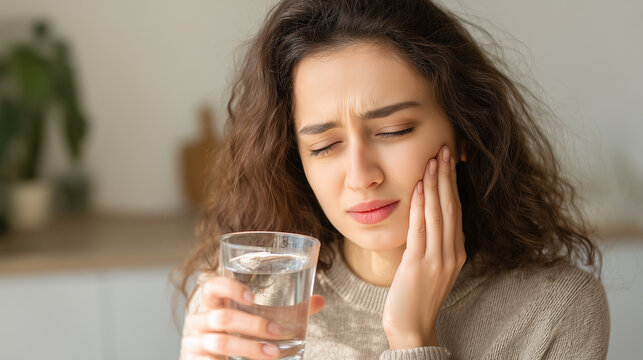 Young woman experiencing painful toothache while holding glass of water at home, illustrating dental sensitivity, oral pain, and healthcare problems.