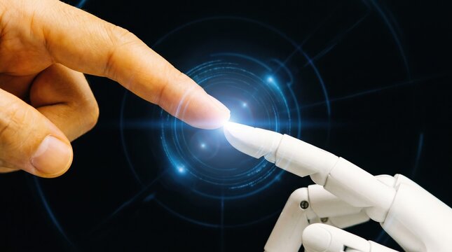 Human finger and robot finger meeting at glowing point of light with circular digital interface and dark background conveying connection and collaboration between technology and people