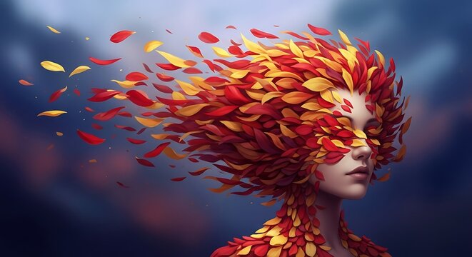 Woman With Leaves Blowing From Hair in Windy Scene.