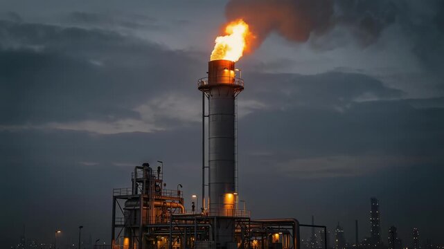 Industrial gas flare burning at night in an oil refinery against cloudy sky