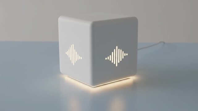 A sleek white cube-shaped smart speaker sits on a blue table, its faces glowing with rhythmic light patterns that visualize audio frequencies as the camera slowly zooms in on the device.