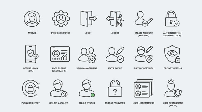 Collection of user interface icons representing security and access control concepts.