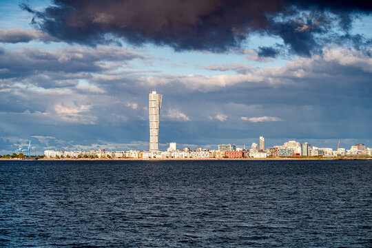 Seaside panorama of Malmo with Turning Torso skyscraper, Sweden.