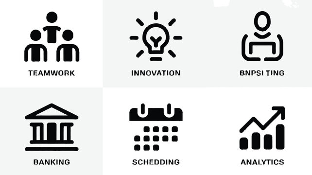 Business icons, finance symbols, company logos, teamwork and analytics, 6 eps vector graphics