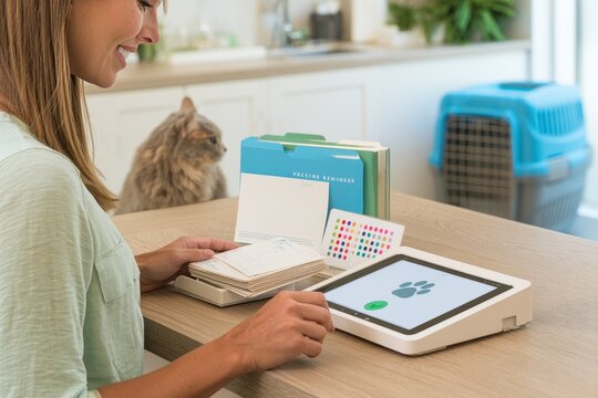 Veterinary receptionist preparing pet vaccination reminders at clinic desk with cat carrier