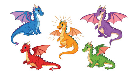 Obraz premium Collection of five adorable cartoon baby dragons in vibrant colors including blue, yellow, purple, red, and green.