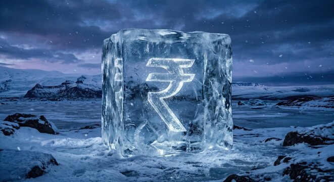 Frozen rupee symbol encased in crystal ice, representing economic slowdown, frozen liquidity, recession pressure, and stagnant financial systems
