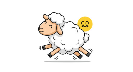 Fototapeta premium Joyful white sheep jumping high in the air with a happy expression set against a clean white background with a yellow circle.