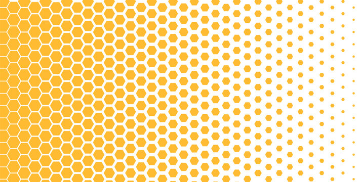 Yellow fiber honeycomb pattern with honey hexagon for packaging and food branding. Background fades from solid orange nano grid to open white space. Bright fiber vector for bee product label.