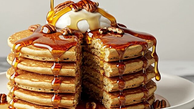 A tall stack of pancakes drizzled with syrup and topped with nuts.