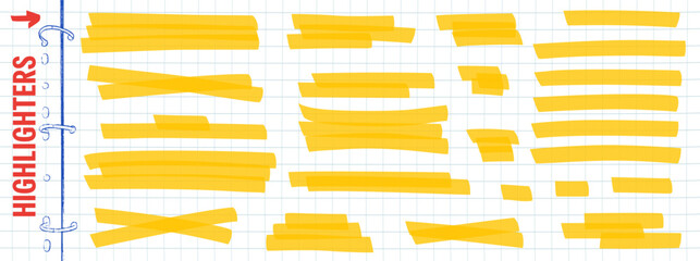 Yellow highlight marker strokes with transparent patches and bold lines for memo and note. Hand drawn yellow highlight streaks with felt tip mark on paper. Vector text emphasis pack on binder pad bg. © Syuzann q