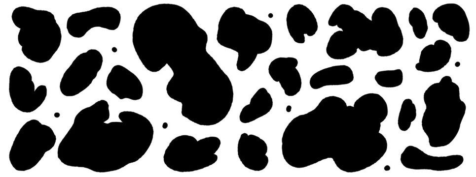 Irregular shapes in flat black silhouette for abstract pattern print. Bold irregular blobs with uneven amoeba form as a vector set. Simple shapes in splodge outline for fabric or textile design.