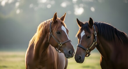 Fototapeta premium Close-up of Two Horses Facing Each Other in Field.