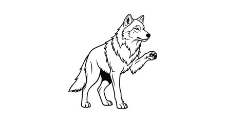Obraz premium Detailed black and white outline of a wolf standing and raising one paw for coloring pages or wildlife educational material use.
