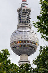 Berlin TV Tower framed by lush green trees on a cloudy summer day © Wayne Jones