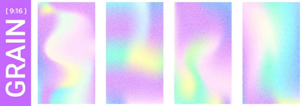 Pastel grain backdrops with soft holo blur for social media post. Dreamy pastel gradient and grain texture in iridescent rainbow with aurora glow. Vector hologram vertical story bg set isolated.