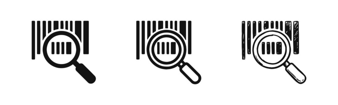 Barcode Scan Icon Set Magnifying Glass Search Code Symbol in Flat Line and Hand Drawn Styles