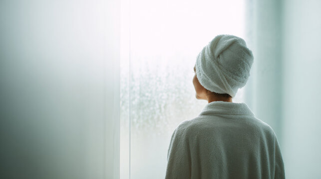Woman in bathrobe with towel turban