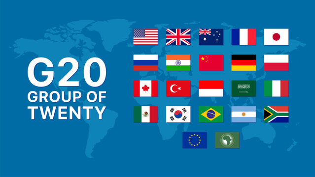 G20 Member Nations Flags and World Map Banner for Global Economic Summit Forum Vector Illustration Design