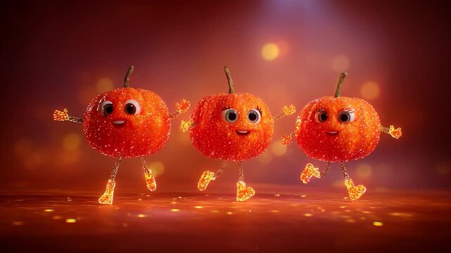 Animated pumpkins with arms, legs, and smiling faces celebrating Halloween while dancing, with falling leaves in the scene and an orange background.
