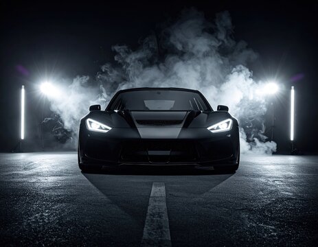 Black sports car on a black background in the center. Smoke and spotlights