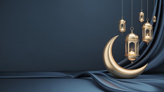Elegant gold crescent moon, lanterns, and drapes, Ramadan decoration, luxury background