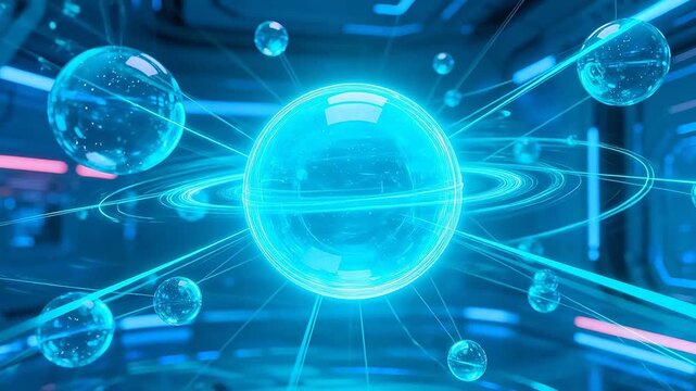 Futuristic sci-fi space with floating transparent spheres and neon ring connections
