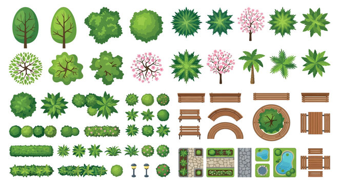 Trees Shrubs And Park Elements Vector Illustration On White Background