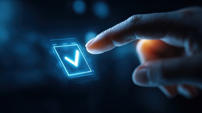 A macro shot captures a fingertip activating a glowing blue checkmark icon on a digital interface, symbolizing confirmation, approval. ..Created with Generative AI, not depicting real subjects.
