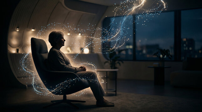 Cinematic shot of a mature woman contemplating in a modern armchair, enveloped by a luminous stream of data particles representing consciousness, memory, and the metaverse.