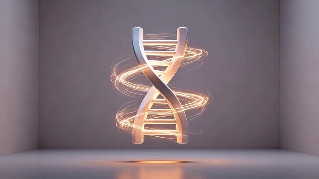 Modern 3D DNA double helix model with glowing light effects in minimalist gray room