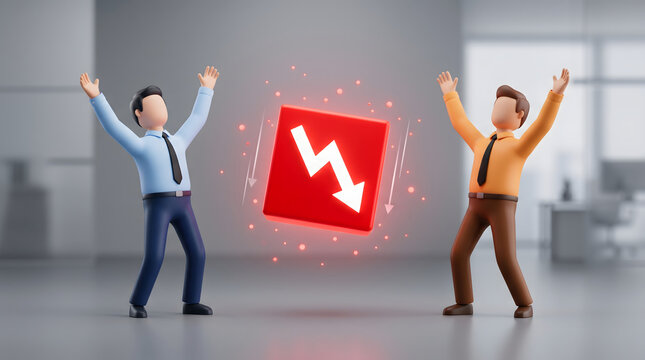 3D illustration of business partnership and profit sharing, two businessmen dividing pie chart with financial icons