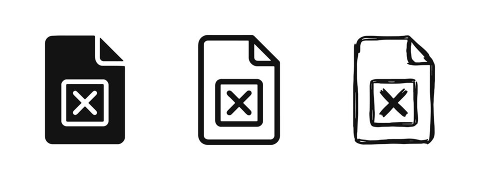 Cancelled Document File Icon Set - Solid, Line, and Hand-Drawn Styles