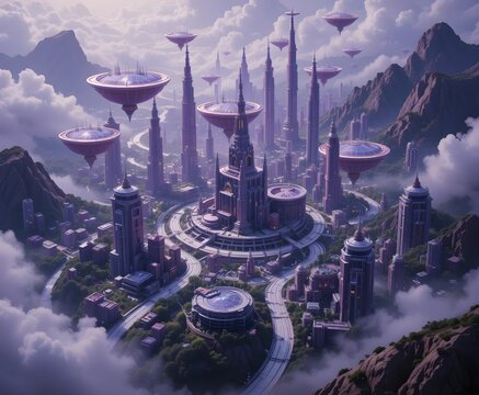 futuristic floating base city built between cloud covered mountain ranges